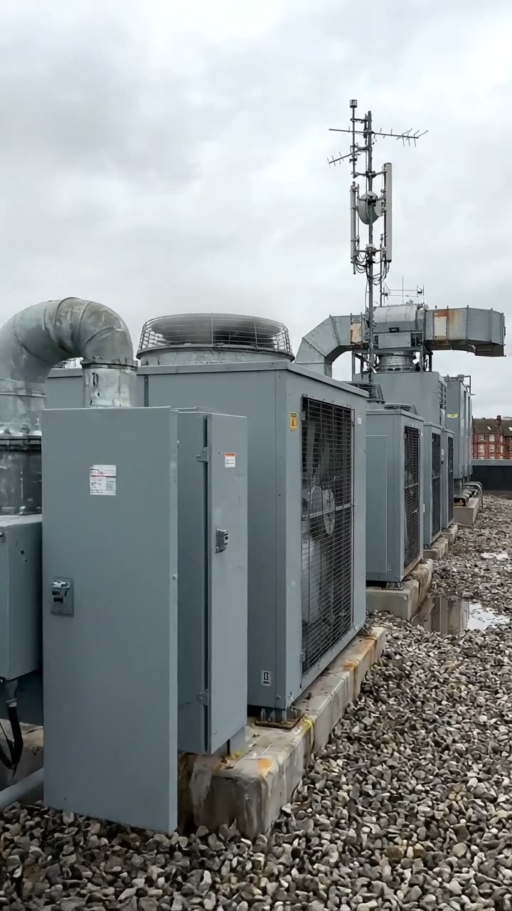 A row of condensers on a roof, with the fan guards and plinths in view