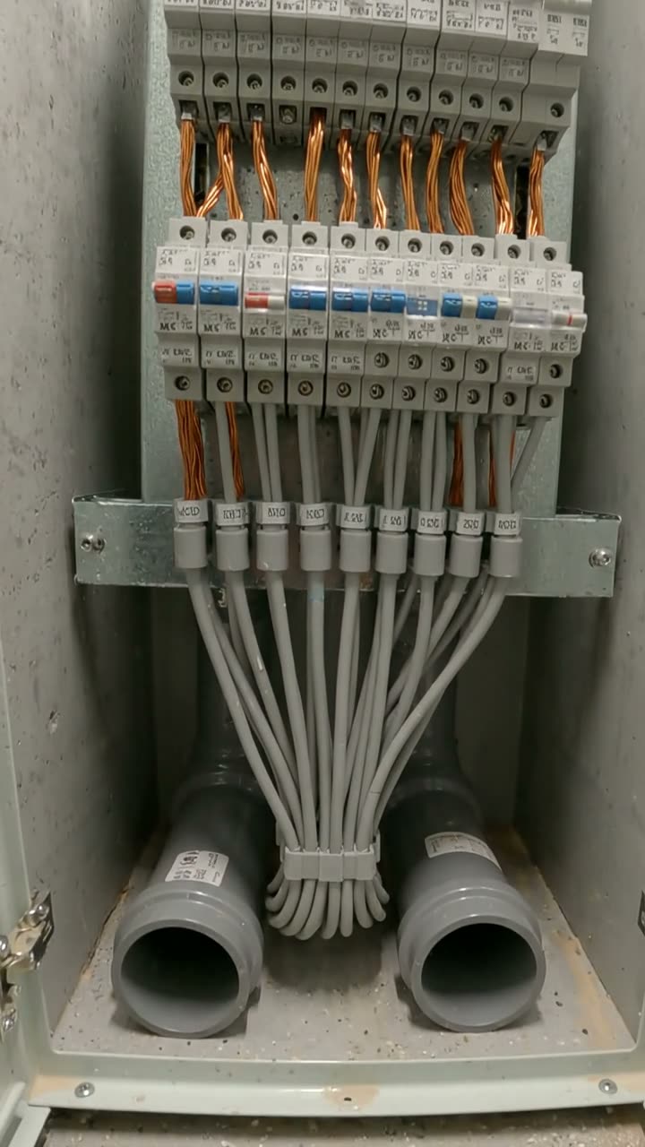A distribution board in a riser cupboard, with labelled cables