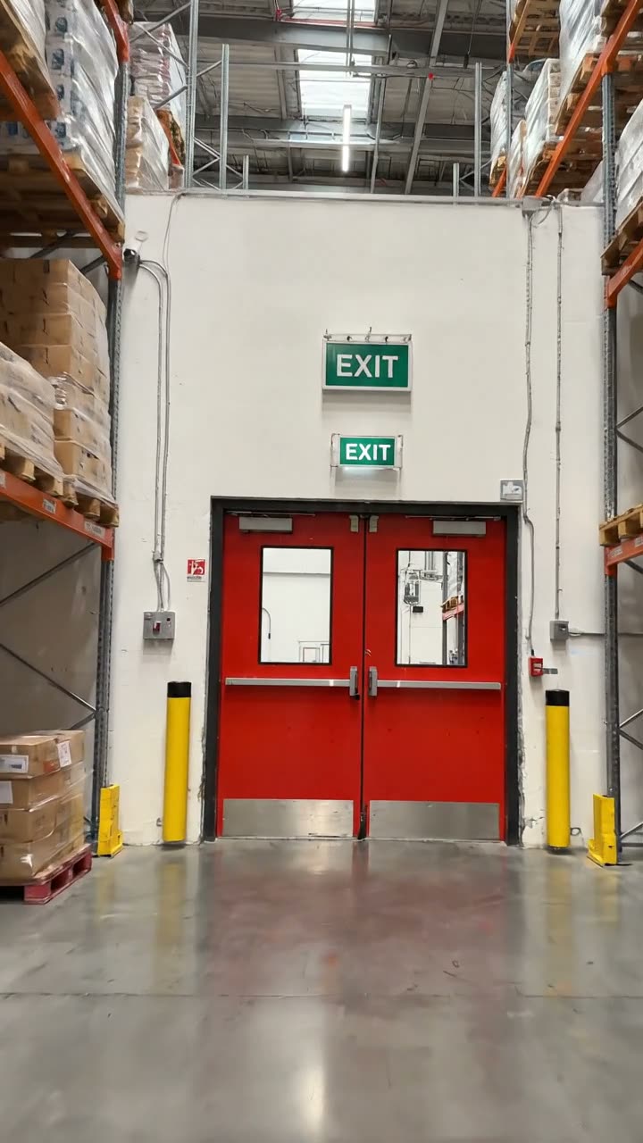 A clear warehouse aisle leading to double fire exit doors with exit signs above