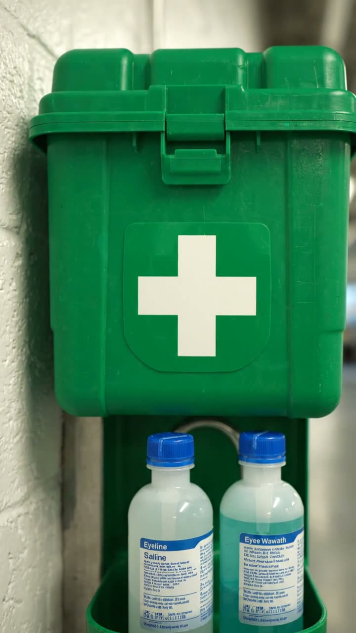A green wall mounted first aid box with two eyewash bottles below it