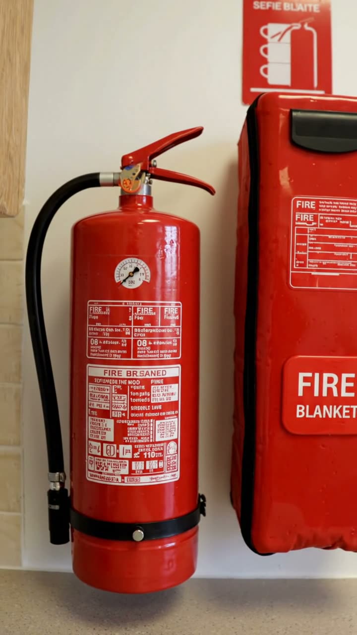 A fire extinguisher and a fire blanket mounted on a kitchen wall