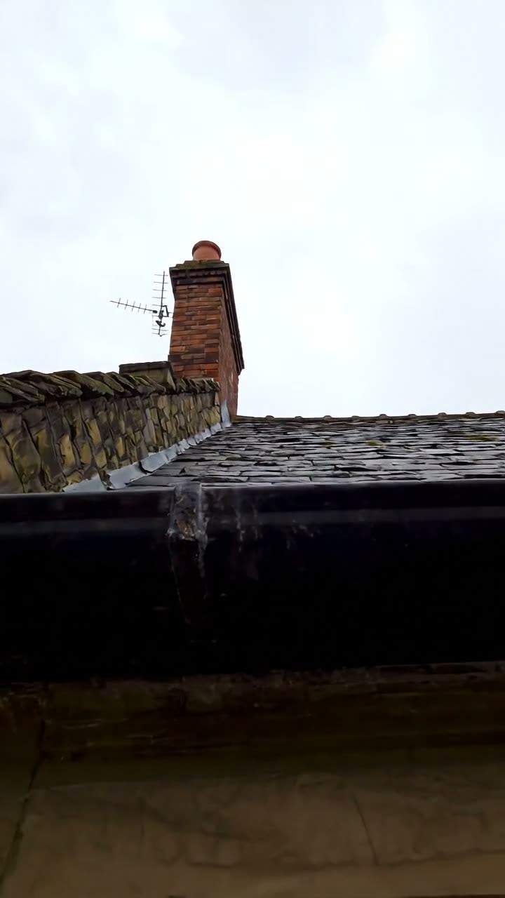 A slate roof, brick chimney stack and gutter seen from the ground