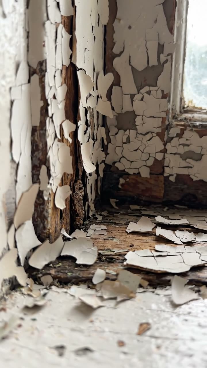 Close-up of failed paint and rot at the corner of a timber window