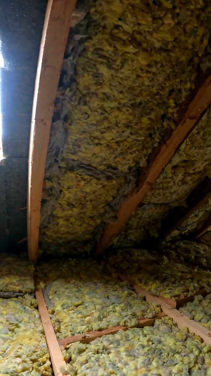 A roof space with rafters and mineral wool insulation between the joists