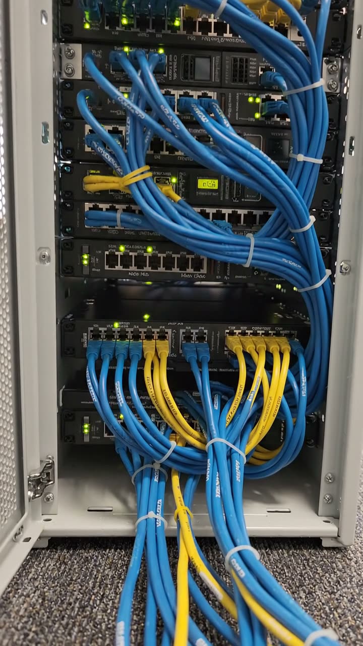 An open network cabinet with blue and yellow patch leads tied in bundles