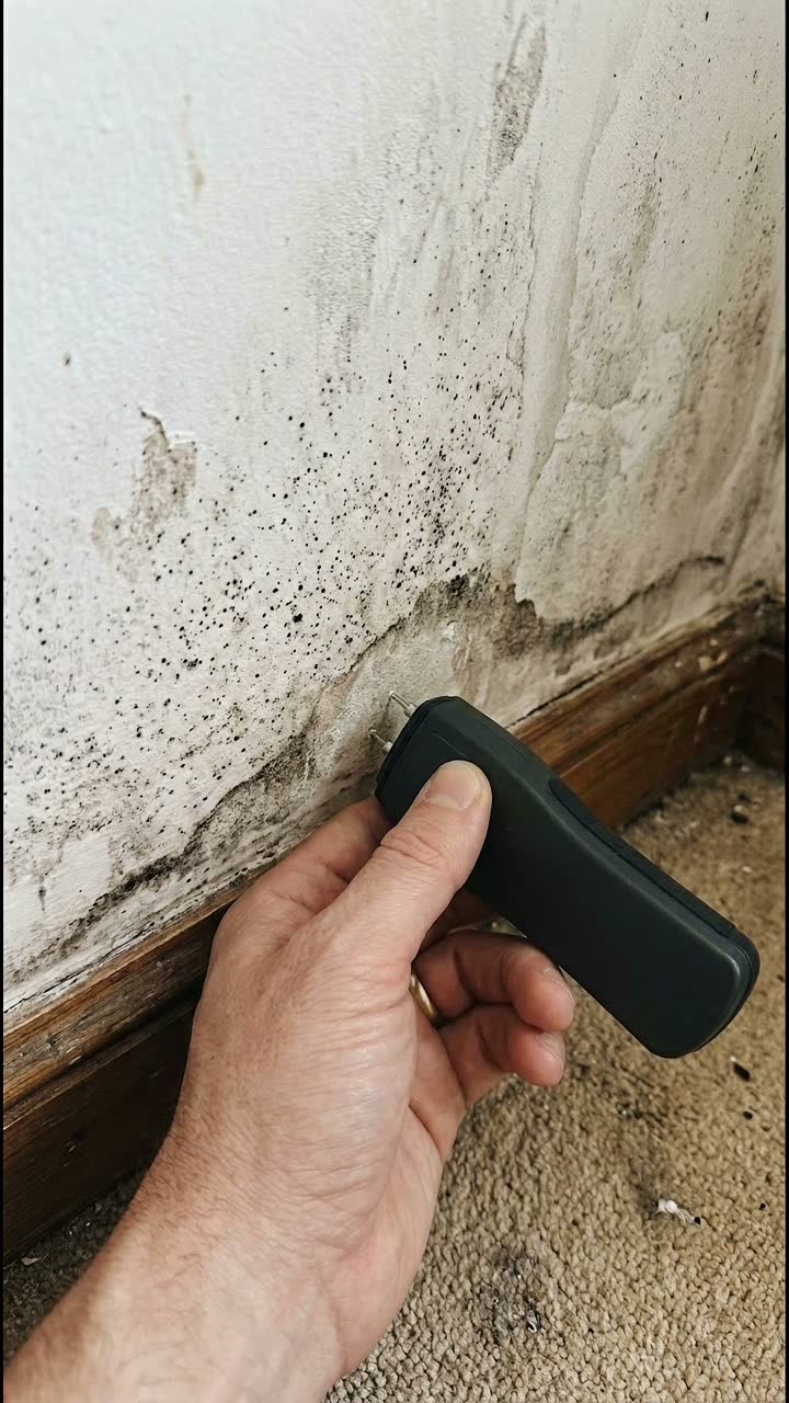 A moisture meter held against a stained wall above the skirting