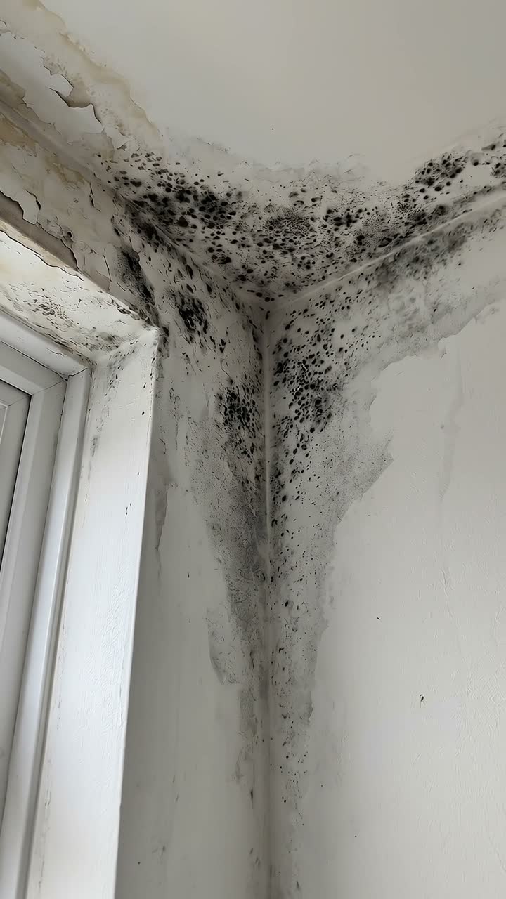 Mould spreading from a ceiling corner beside a window