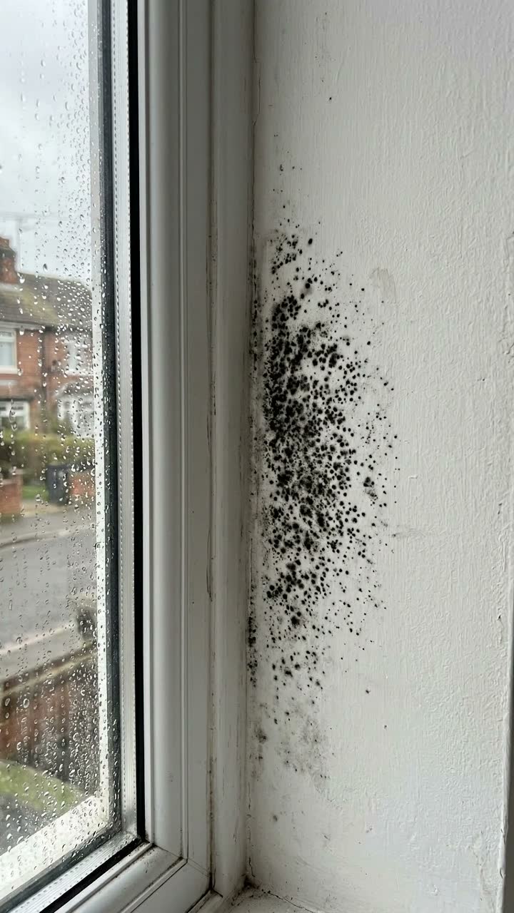Close-up of mould spotting beside a window frame