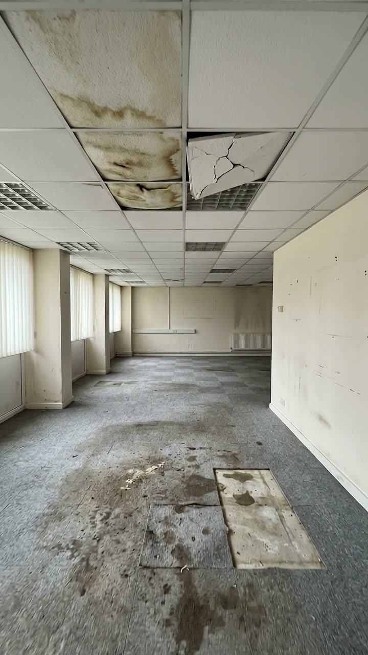 An empty office with stained carpet tiles and water damaged ceiling tiles