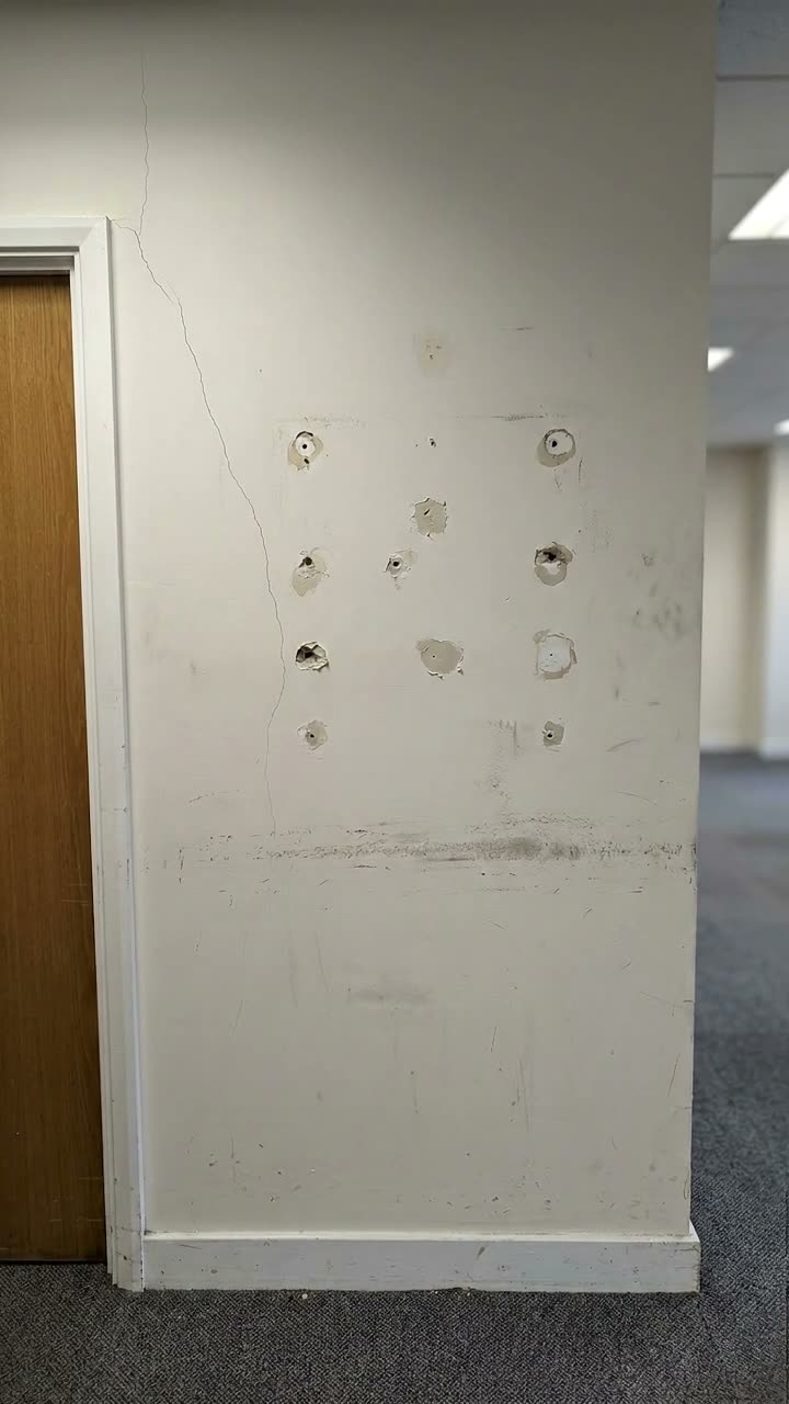 A wall with screw holes and wall plugs left by removed shelving