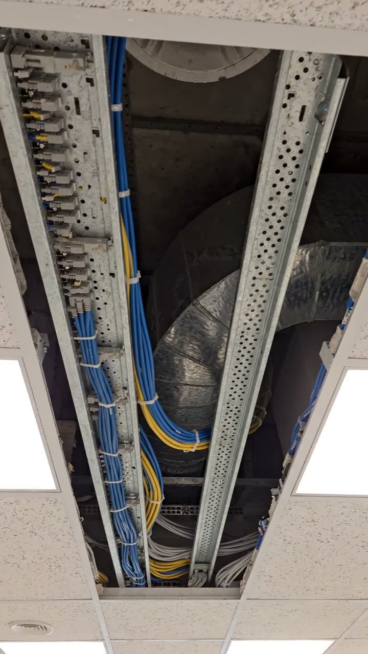 A lifted ceiling tile showing two cable trays in the void