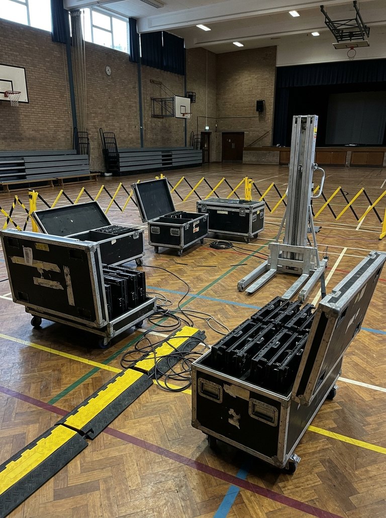 Photo recorded against the falling objects hazard: Hall floor below the tower, the speaker positions and the display frame