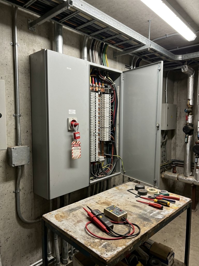 Photo recorded against the electricity and live working hazard: Plant room: the tenant main switch and board, the adjacent live landlord's board, and the riser