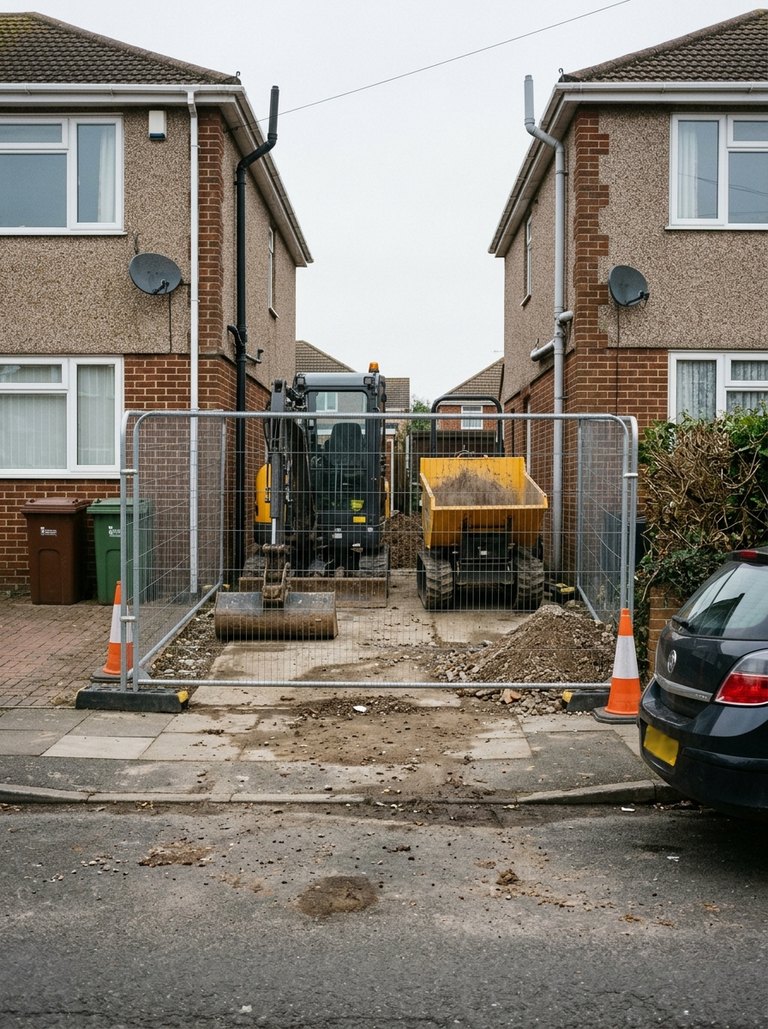 Photo recorded against the vehicles and mobile plant hazard: 1.7 t mini excavator and 1 t high-tip dumper on the 3.2 m side drive and in the rear garden; muck-away and concrete lorries on Wonford Mead