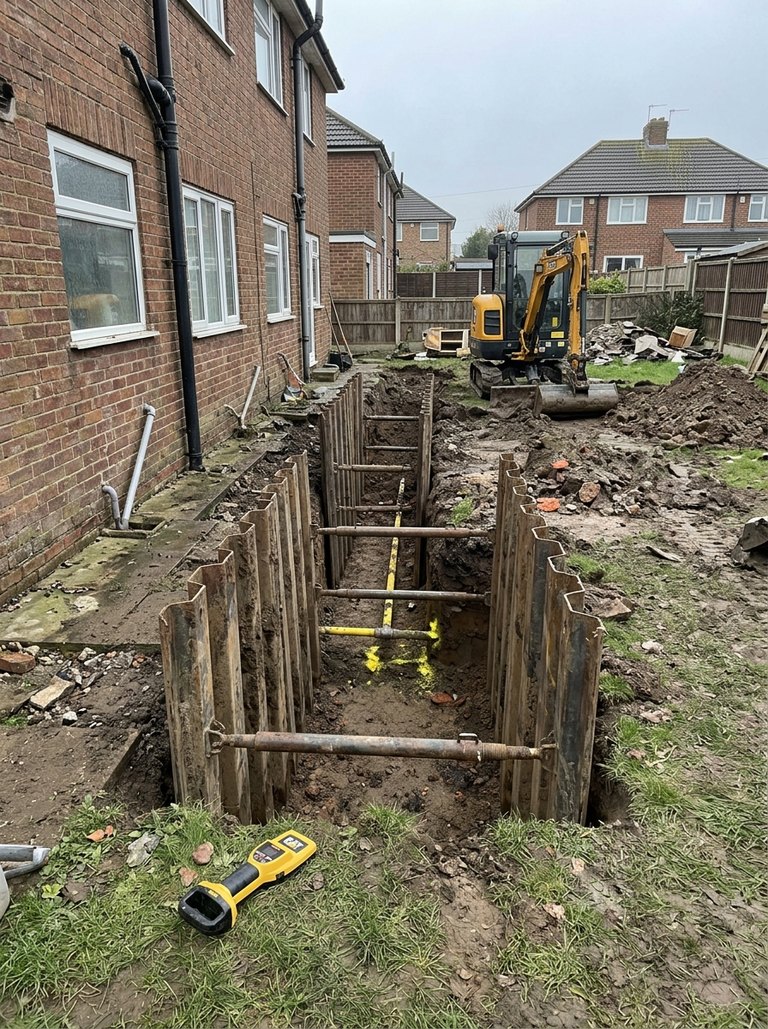 Photo recorded against the excavation and underground services hazard: Foundation trenches 1.0 m deep across the lawn; drainage run 0.6 to 1.1 m deep along the side of the house