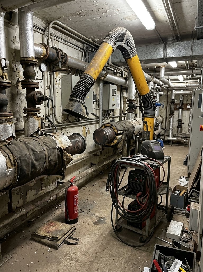 Photo recorded against the hot works hazard: The four butt welds and the grinding on the flow and return, between the pump headers and the riser