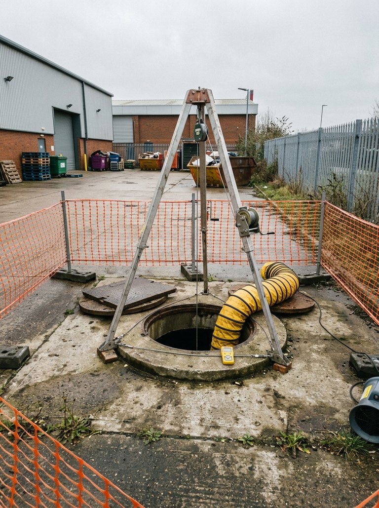 Photo recorded against the confined spaces hazard: Inside pump chamber PS1, 3 m deep, 1.8 m diameter, single top entry
