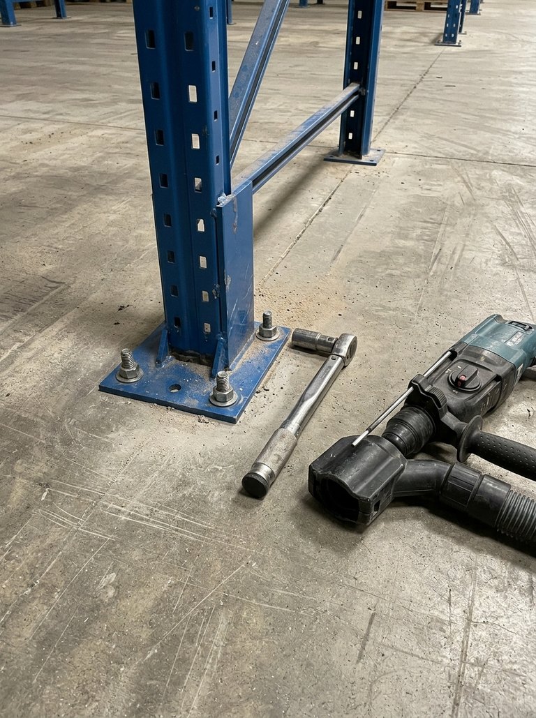 Photo recorded against the power tools and work equipment hazard: Floor anchor drilling at every frame foot; torque wrenches at the anchors and beam locks