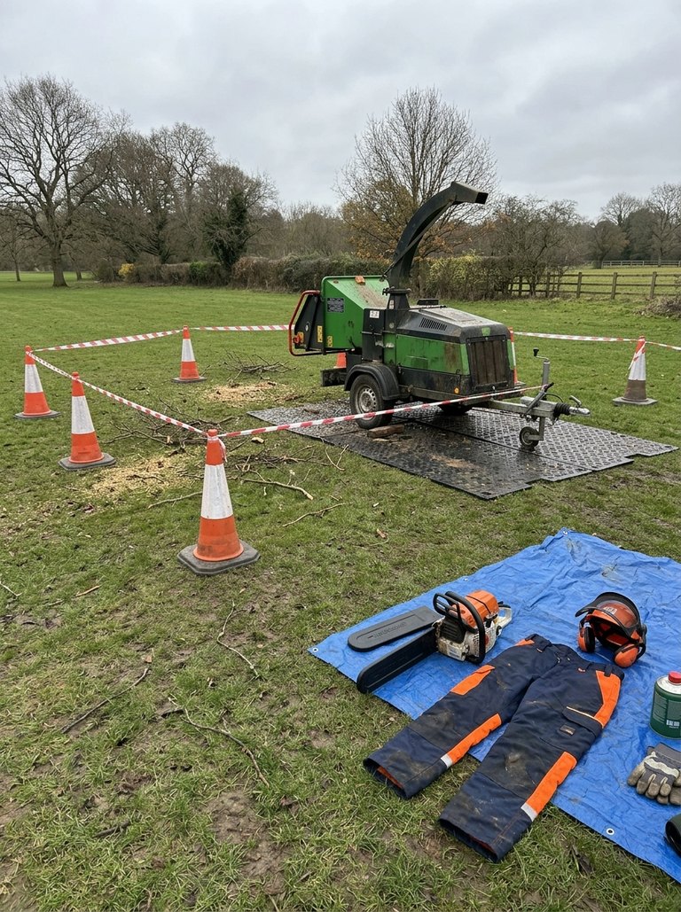Photo recorded against the chainsaws and cutting equipment hazard: Top-handled saw in the MEWP basket; two rear-handled saws on the ground