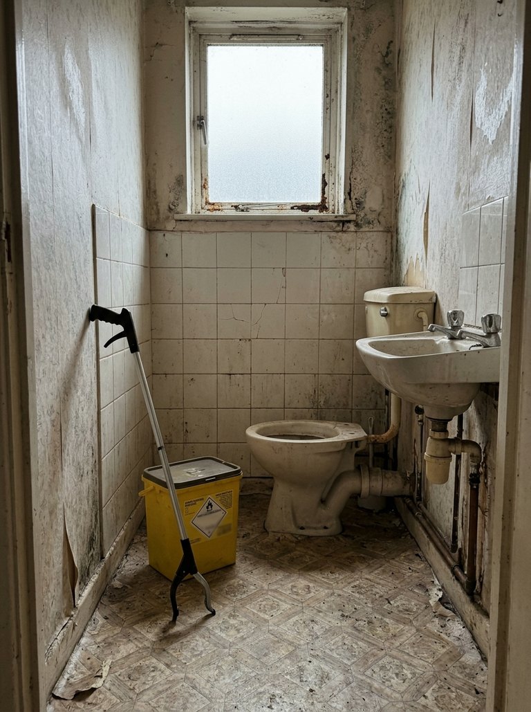 Photo recorded against the biological hazards and sharps hazard: Bathroom (needles reported behind the bath panel and in the cabinet) and the main bedroom (soiled bedding)