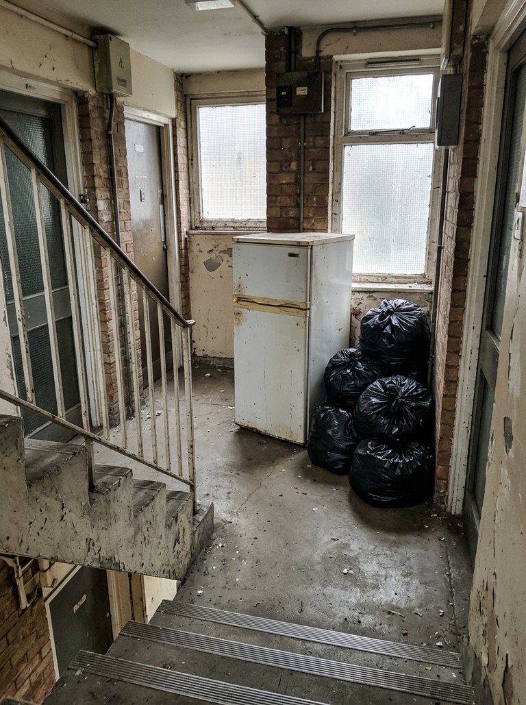 Photo recorded against the manual handling hazard: Two flights of the east stair, second floor to ground, and the path to the van