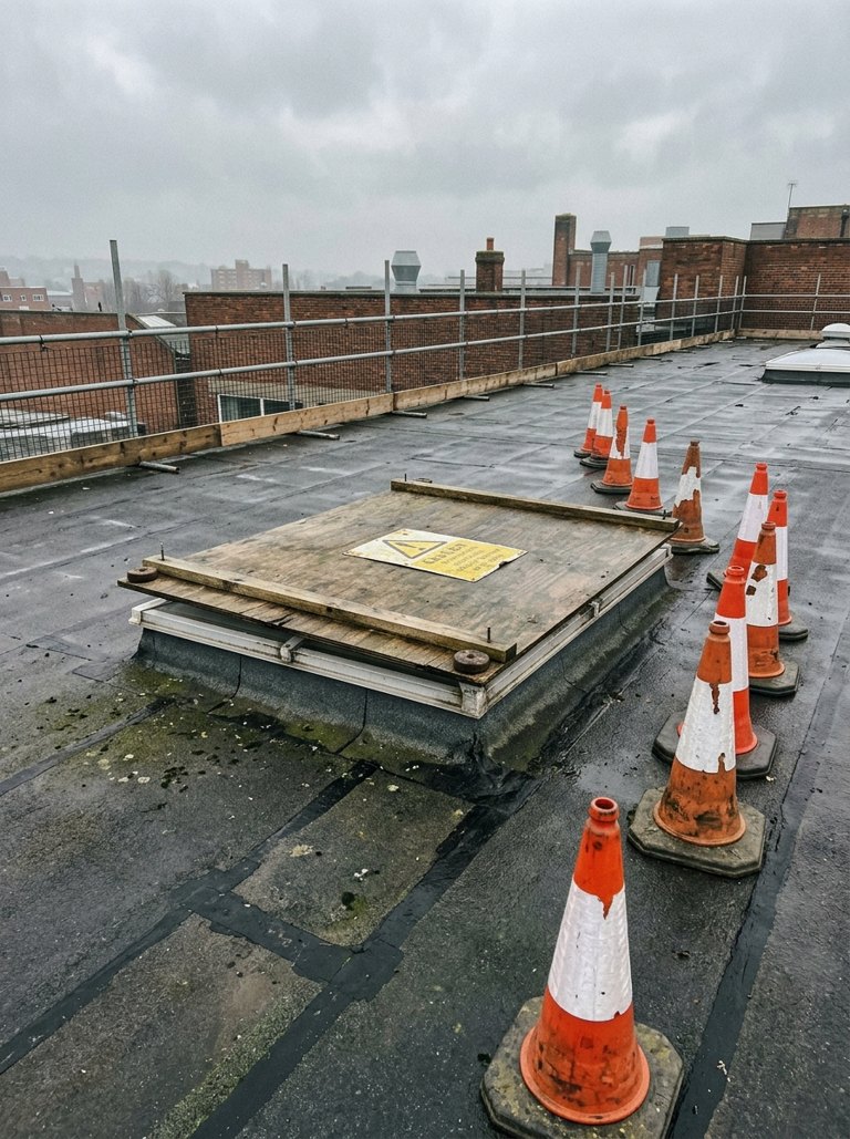 Photo recorded against the fragile roofs and skylights hazard: Six polycarbonate rooflights along the centre line