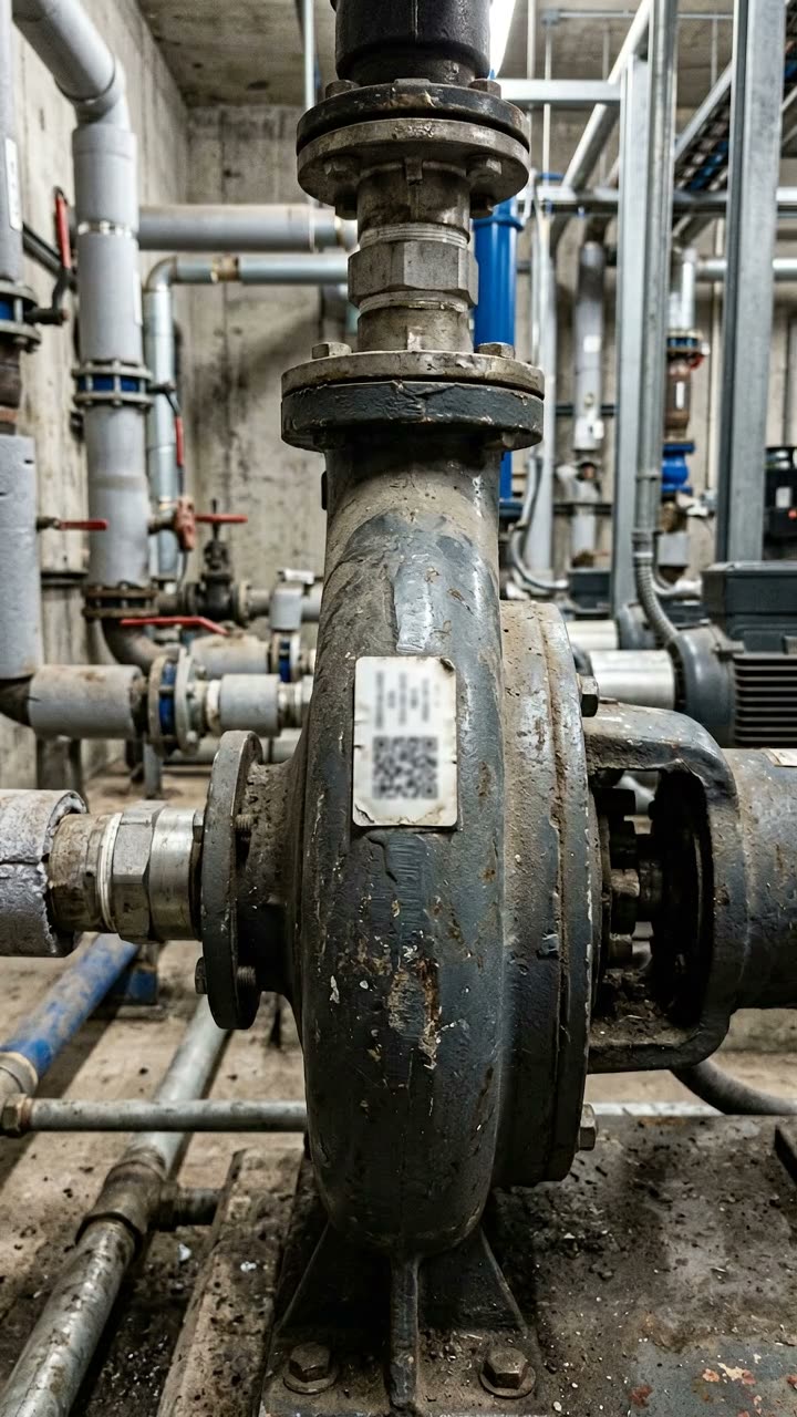 A pump with an asset label on the casing