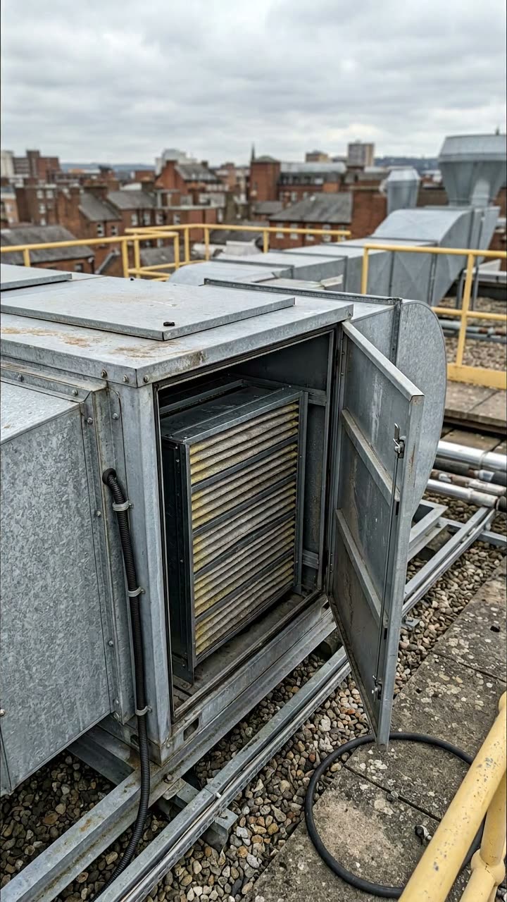 A rooftop air handling unit with the access door open and the filters showing