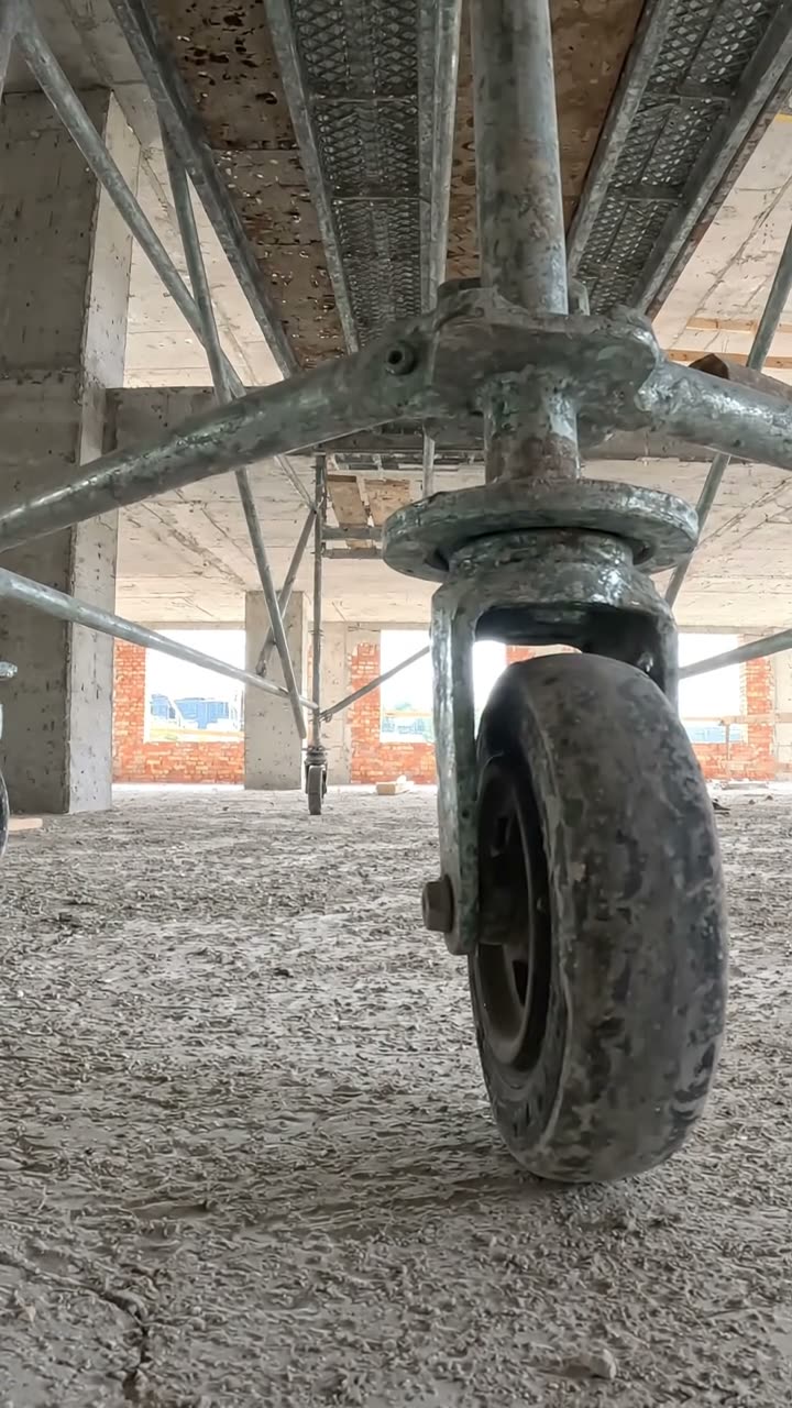 The locked castor of a mobile tower on a level floor slab