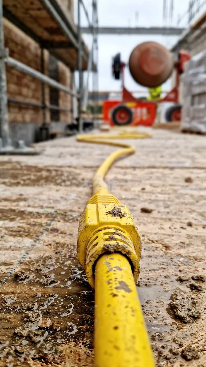 A yellow extension lead lying across a wet site walkway