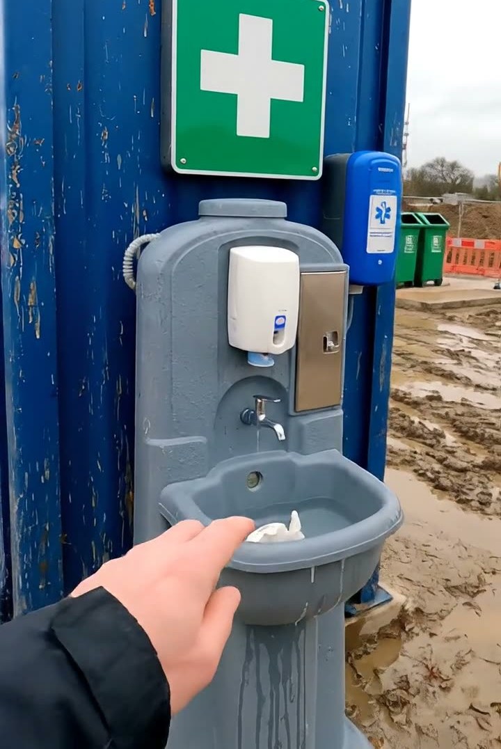 A hand wash station and first aid sign on the side of a site welfare cabin