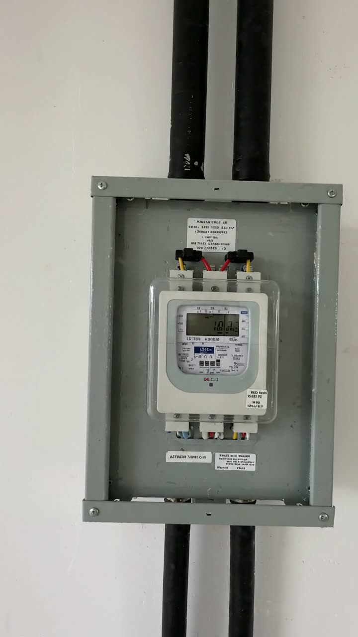 An electricity meter in a steel enclosure on a wall, with cables running up to the ceiling
