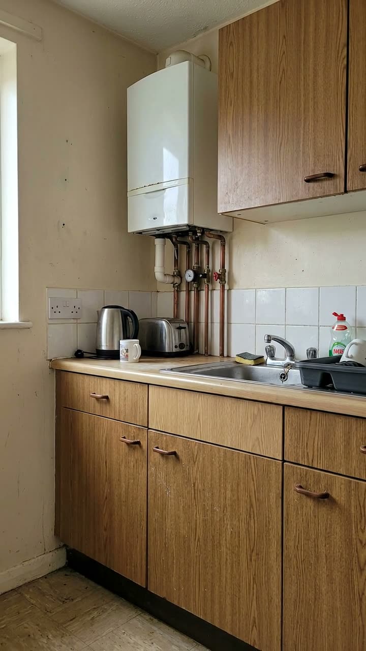 A fitted kitchen with a wall hung gas boiler and exposed pipework